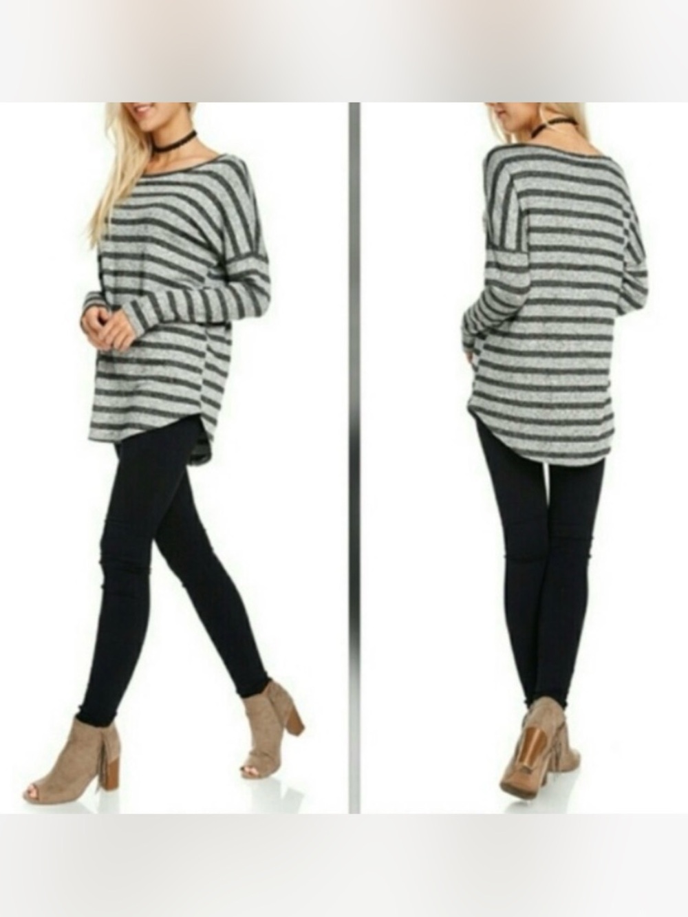 Apple Blossoms NWT Striped Tunic Sweater Black Heather Gray M
